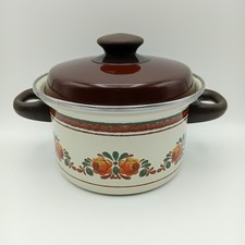 Vintage/Retro Enamelware Cooking Pot Brown Lid Floral Design Approx 19cm Wide
