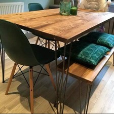 Reclaimed Dining Table and Bench With Black Hairpins, Handmade 