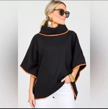 TUCKERNUCK Piper Poncho OS One Size Black Leather Trim Funnel Neck Topper Classy