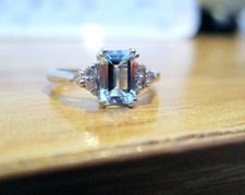 9ct White Gold Emerald Cut Natural Aquamarine & Diamond Art Deco Style Ring 9k
