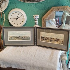 Pair Vintage Antique Hunting Horse Dogs Fox Prints Framed Victorian X2
