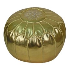 LEATHER POUF MOROCCAN OTTOMAN FOOTSTOOL GENUINE UNSTUFFED ROUND HANDMADE GOLD
