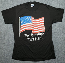 VTG Hanes T-Shirt Mens L Black Try Burning This Flag Pure Cotton Crew Neck USA