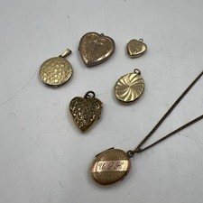 6 x Antique/Vintage Gold Tone Lockets inc. 9ct Gold Back & Front, Chain (32g)