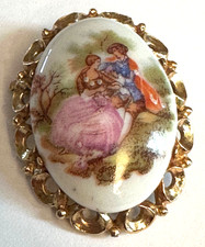 Limoges Porcelain Brooch Hand Painted from France 1.75” Long Gold Surround Fab