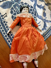 Antique German China Head Doll 17" Black Hair Orange Dress, 1890 Marked Germany