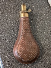 ANTIQUE COPPER & BRASS POWDER FLASK SYKES EMBOSSED CROSS & CIRCLE PATTERN