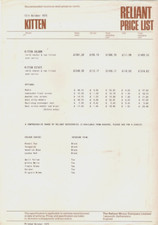 Reliant Kitten Prices Options & Colour/Trim 1975-76 UK Single Sheet Brochure