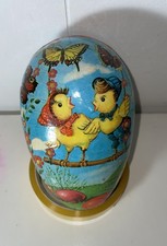 Vintage Hand painted Paper Egg Shape Trinket Box. Decorated with two chicks.