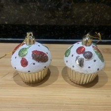 Glitter Cupcake Christmas Tree Hanging Baubles Festive Decorations (Set of 2 )