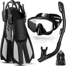 Odoland Adults Snorkel Set Wide View Diving Mask/Dry Top Snorkel fins size S/M.