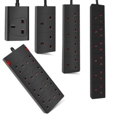 Black Mains Extension Lead UK Cable Electric Plug Trailing Socket 12 4 6 8 Way