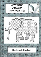 Blackwork Elephant Embroidery/Cross Stitch Kit by Kittiwake. Intermediate Kit