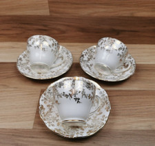 3 x Vintage Roslyn Fine Bone China England Gold Leaves Pattern Cups & Saucers