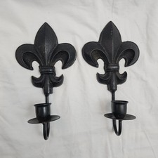 Vintage Pair Black Metal Fleur-de-lis Wall Candle Sconces Holders Sticks Gothic