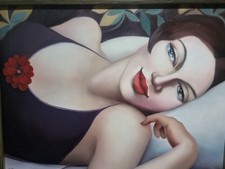 Original Rachel Deacon oil on canvas paining, Art deco Tamara de Lempicka style.