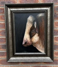 Old Master Style Acrylic Painting Large framed Portrait of a Bull Head