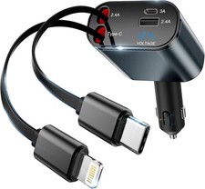 4 in 1 Retractable Fast Car Charger with Starlight 120W USB C for iPhone&Android