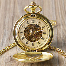 Double Hunter Skeleton Roman Numerals Mechanical Hand Wind Pocket Watch Wedding