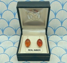Vintage 925 Sterling Silver and Baltic Amber Cabochon Stud Earrings With Box