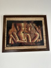 Large Egyptian Signed Hand Painted Papyrus Wooden Framed & Glazed Wall Hanging