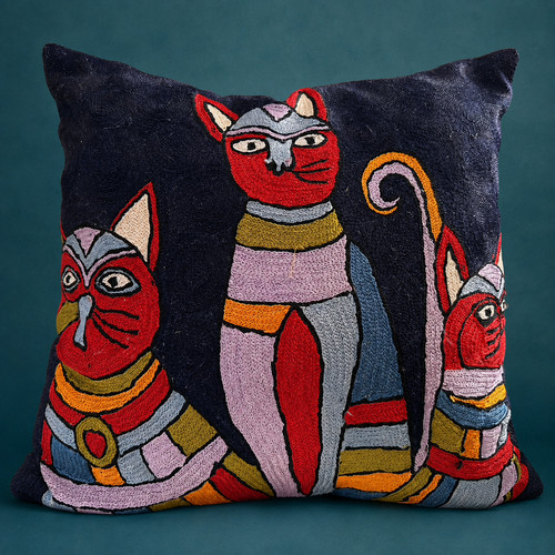 Cats crewel work large - large, cushion