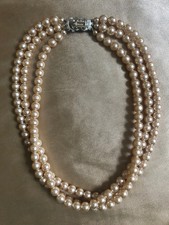 VINTAGE Chunky Triple Multiple Strand Faux Pearl Necklace Fancy Clasp #4