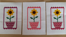 3 Sunflower in pink pots Cross Stitch Card Toppers