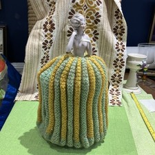 1950s Vintage Hand Knitted Tea Cosy with  Porcelain Lady Top Green& Mustard