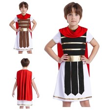 Boy Ancient Roman Spartan Warrior Costume Short Sleeve Attached Cape Gown Outfit