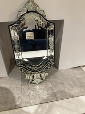 ￼Vintage Venetian Glass Wall Mirror  Shaped Frame with Etched Floral Motifs