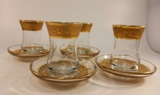 Turkish Tea Glasses Saucers Gold Clear Set of 4 VGC Vintage