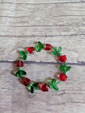Glass red tulip Flower Leaves BEAD BRACELET Festival 6"