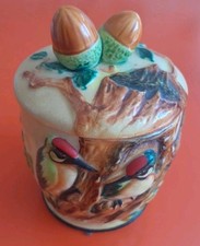 Vintage Retro 50s Marutomo Ware Ceramic Preserve Pot Jar Japan Woodpecker Acorns