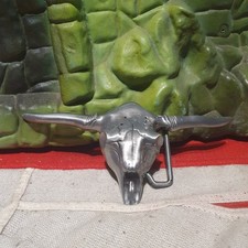 Vintage Silver Steel Metal Belt Buckle BULL SKULL HORNS Texas Longhorn Cowboy