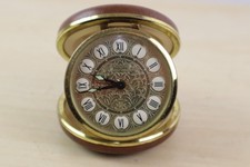 VTG Europa Folding Travel Alarm Clock 2 Jewels Filigree Face Leather Case Works