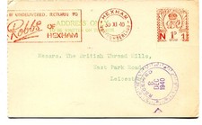 GB 1840 Postal Card sent to Leicester, red machine slogan “HEXHAM 1d.” cancel