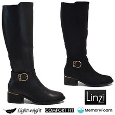 LADIES FAUX LEATHER ZIP STRETCH CALF RIDING FASHION MID HEEL BUCKLE BOOTS SIZE