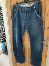 Blue Blood Distressed Blue Denim Jeans L34 W34 Button missing