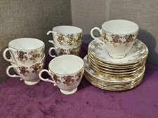 Vintage 18 Piece Bone China Tea Set Gold Floral Pattern - 6x Cups Saucers Plates