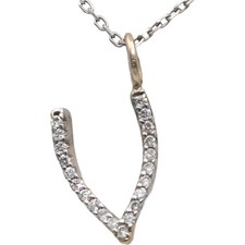 18k White Gold Round Diamond Wishbone Pendant Necklace Chain 0.10CT
