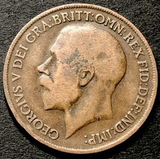 1919 H PENNY COIN-HEATON MINT-KING GEORGE V-1d BRITISH BRONZE COIN-LOW MINTAGE