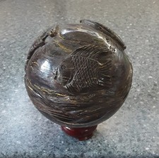Large Tiger Iron Sphere With Carved Waves & 3 Fish, Small Wood Stand, 1,539 KG