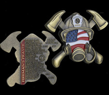 Fire mans Prayer Coin Danger Stars & Stripes Flag USA Axe 3D Helmet Mask Badge