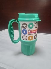 Vintage Dunkin Donuts Travel Mug Retro Donut Design Blue Handle Coffee Cup 2000s