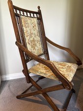 Late Victorian Folding Campaign Antique Chair With Tapestry Upholstery