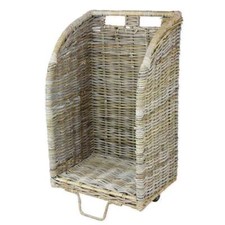Grey & Buff Rattan Wicker Log Basket Trolley Wheels Woven Willow Wood Storage