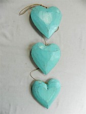 Wooden Hanging Heart Wall Art - String of 3 Shabby Chic Hearts - Duck Egg Blue