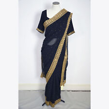 Zarkan Indian Designer Sale Saree with Blouse Black Golden Polyester UK Size M
