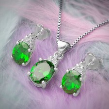 Oval Green Simulated Emerald Gemstone Pendant and Earring Set Ladies Gift